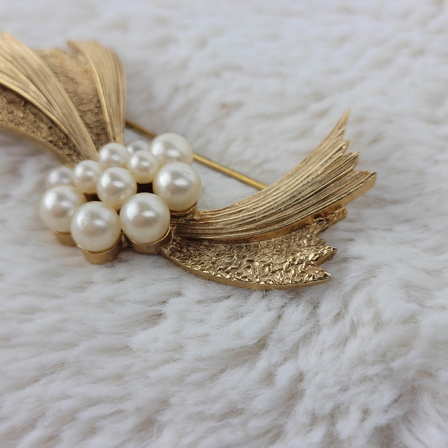 1950's Gold Tone Metal Pin with Faux Pearls by Trifari