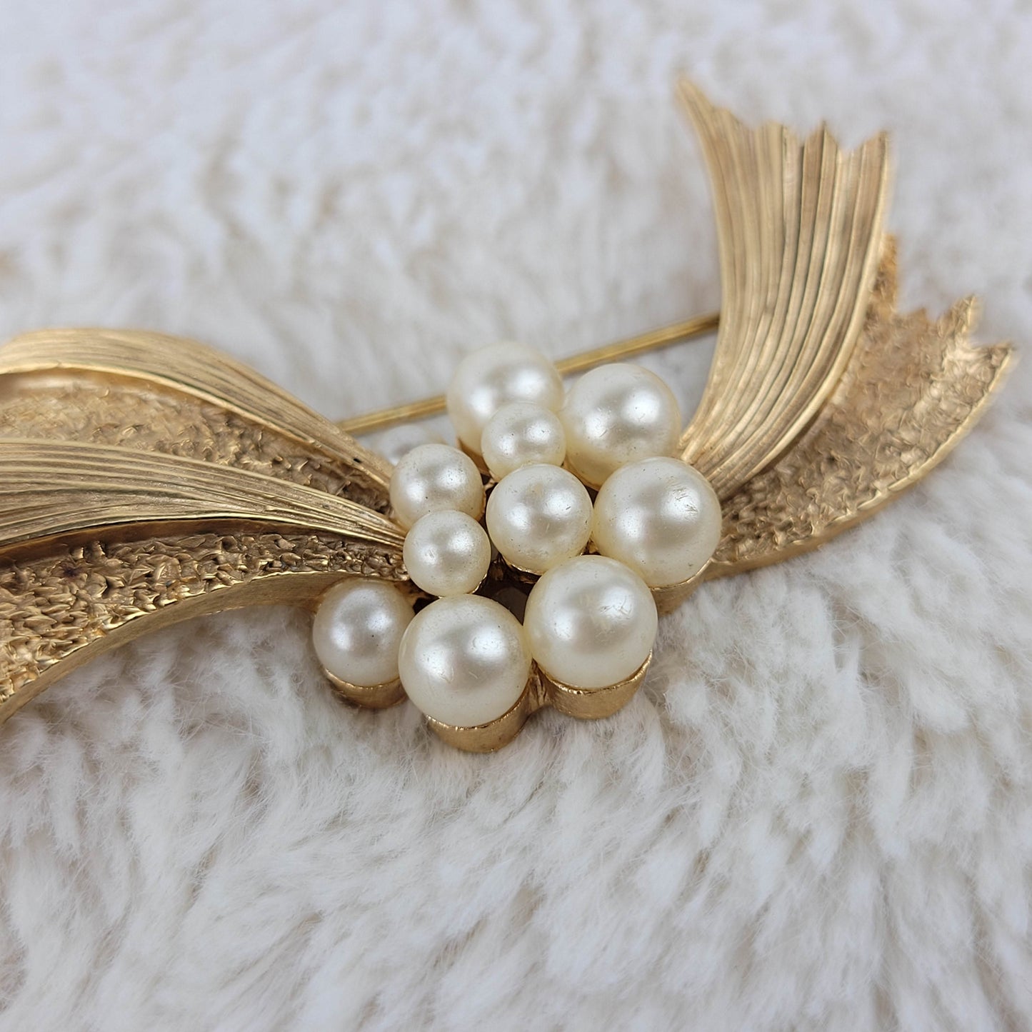 1950's Gold Tone Metal Pin with Faux Pearls by Trifari