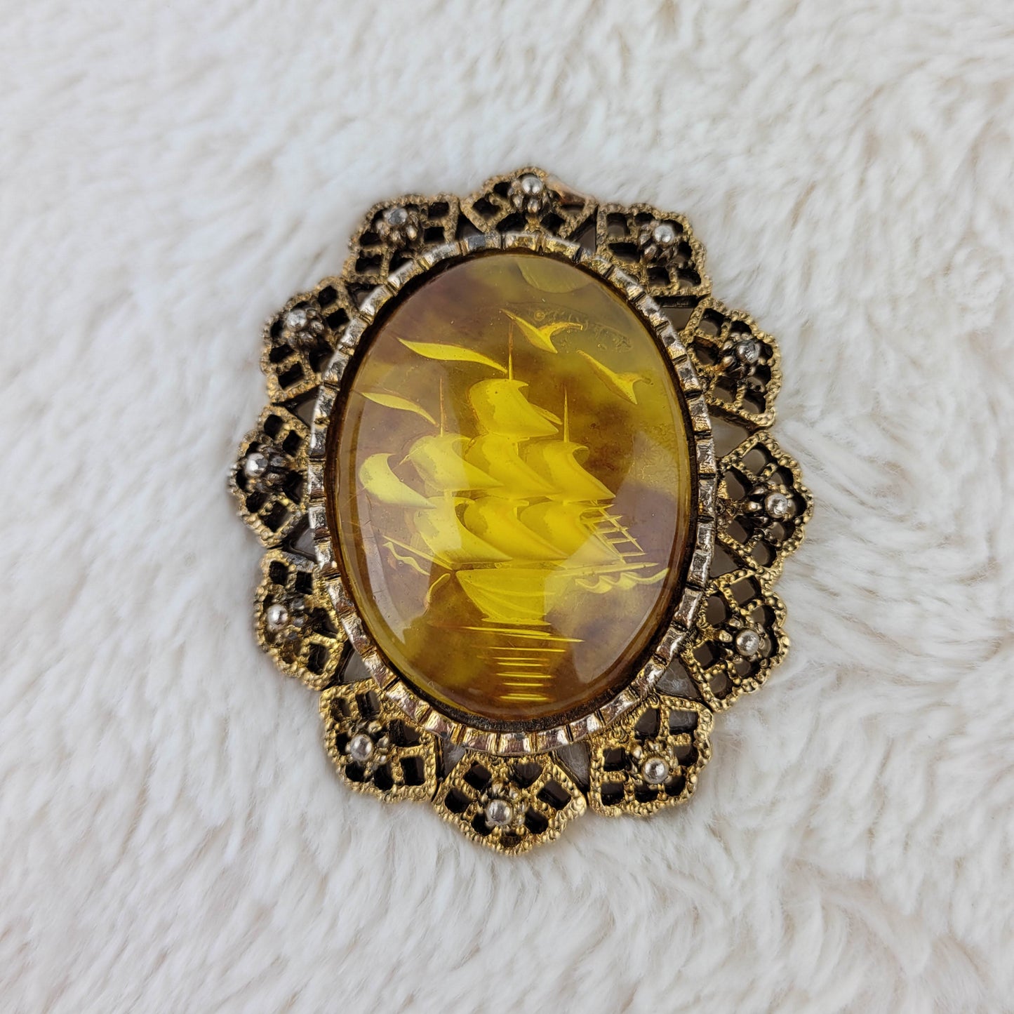 1960's Yellow Lucite and Gold Tone Metal Filigree Ship Brooch