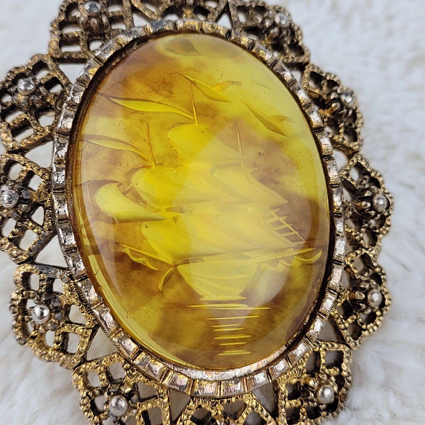 1960's Yellow Lucite and Gold Tone Metal Filigree Ship Brooch