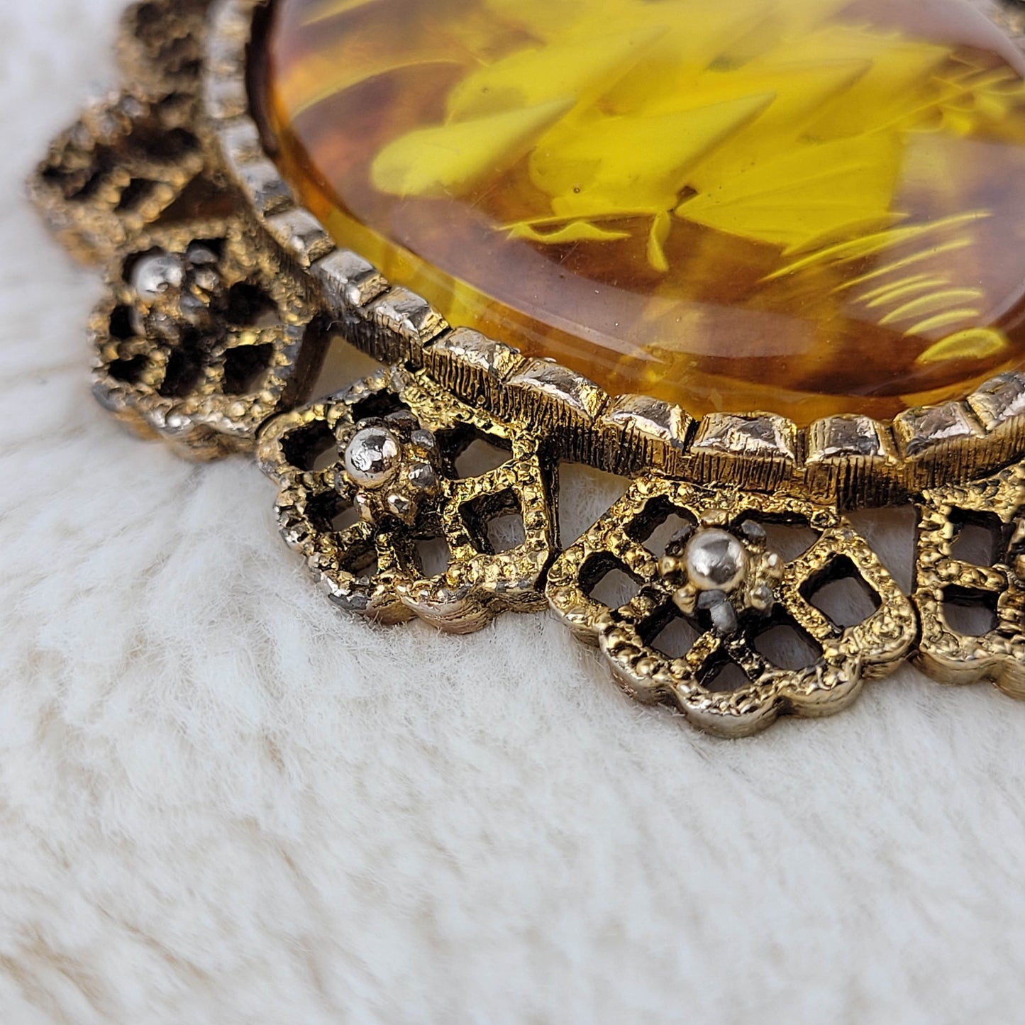 1960's Yellow Lucite and Gold Tone Metal Filigree Ship Brooch