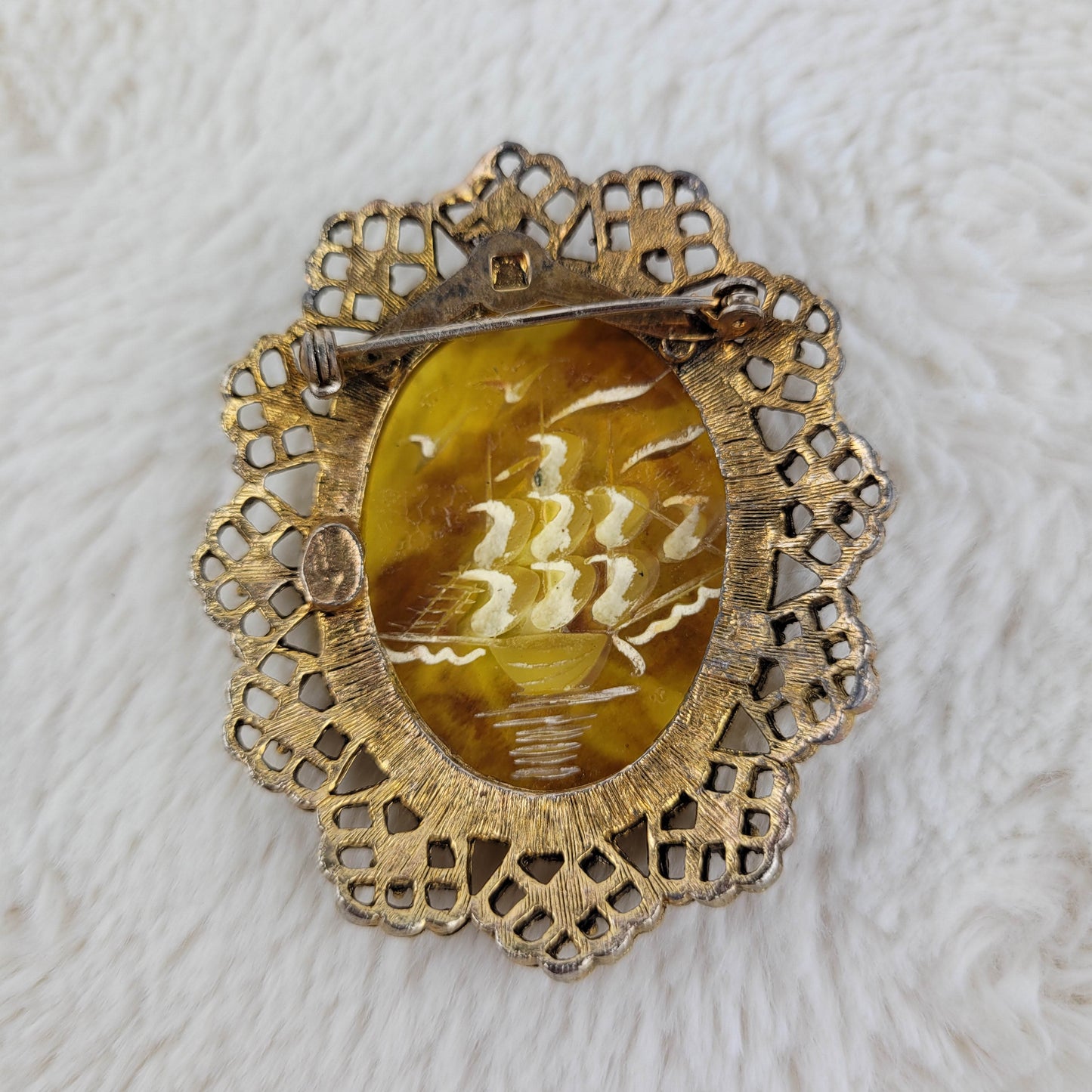 1960's Yellow Lucite and Gold Tone Metal Filigree Ship Brooch