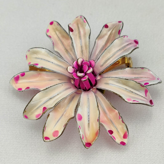 1950's Vintage Pink and White Enamel Metal Flower Pin