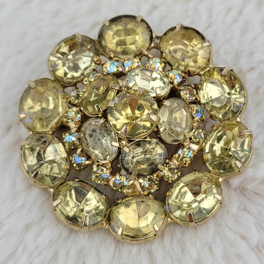 1950s Vintage Yellow Rhinestone Circular Pin