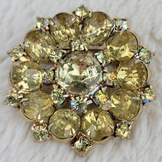 1950s Vintage Yellow Rhinestone Circular Star Pin