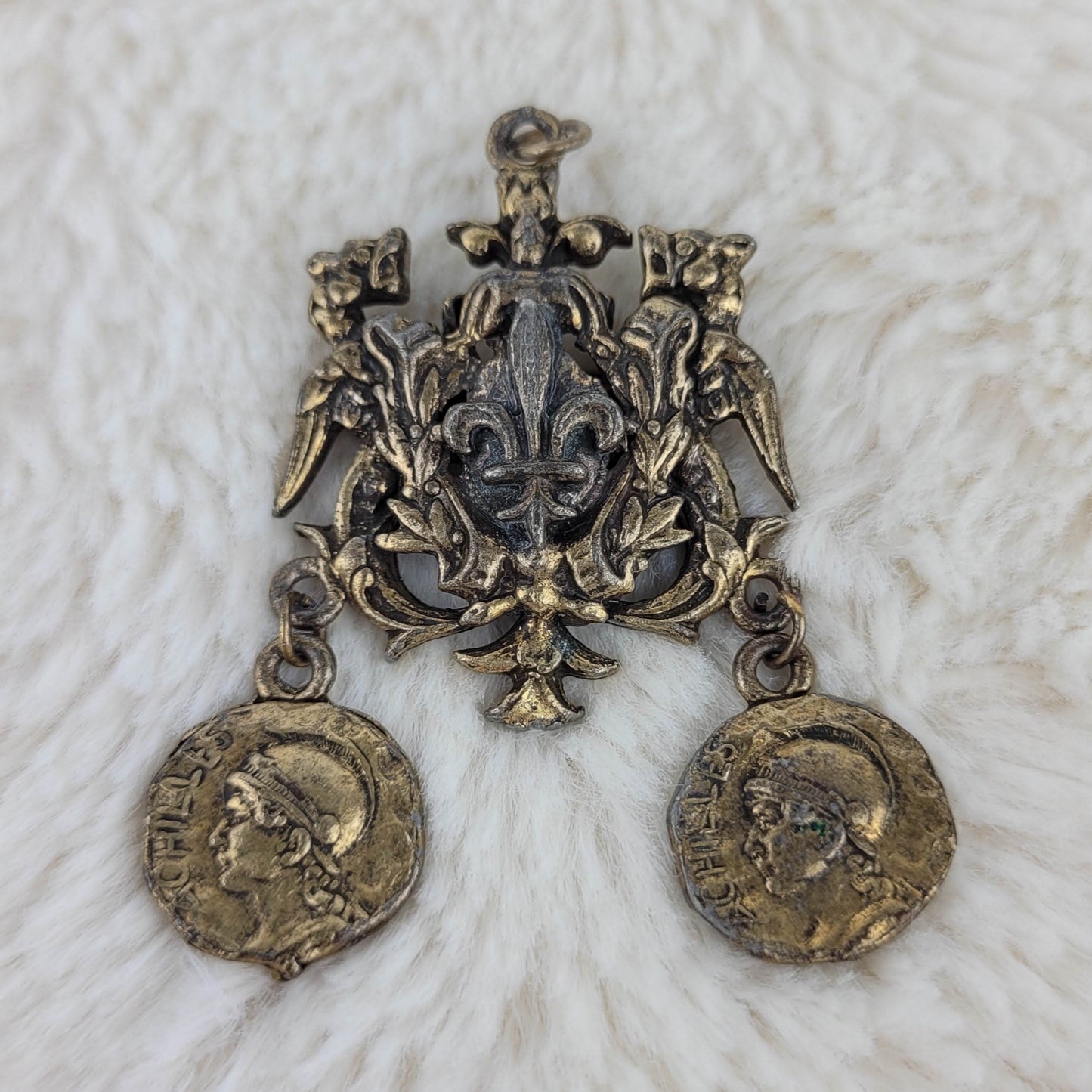 1930's Gold Tone Metal Fleur Delis Coin Pendant Pin