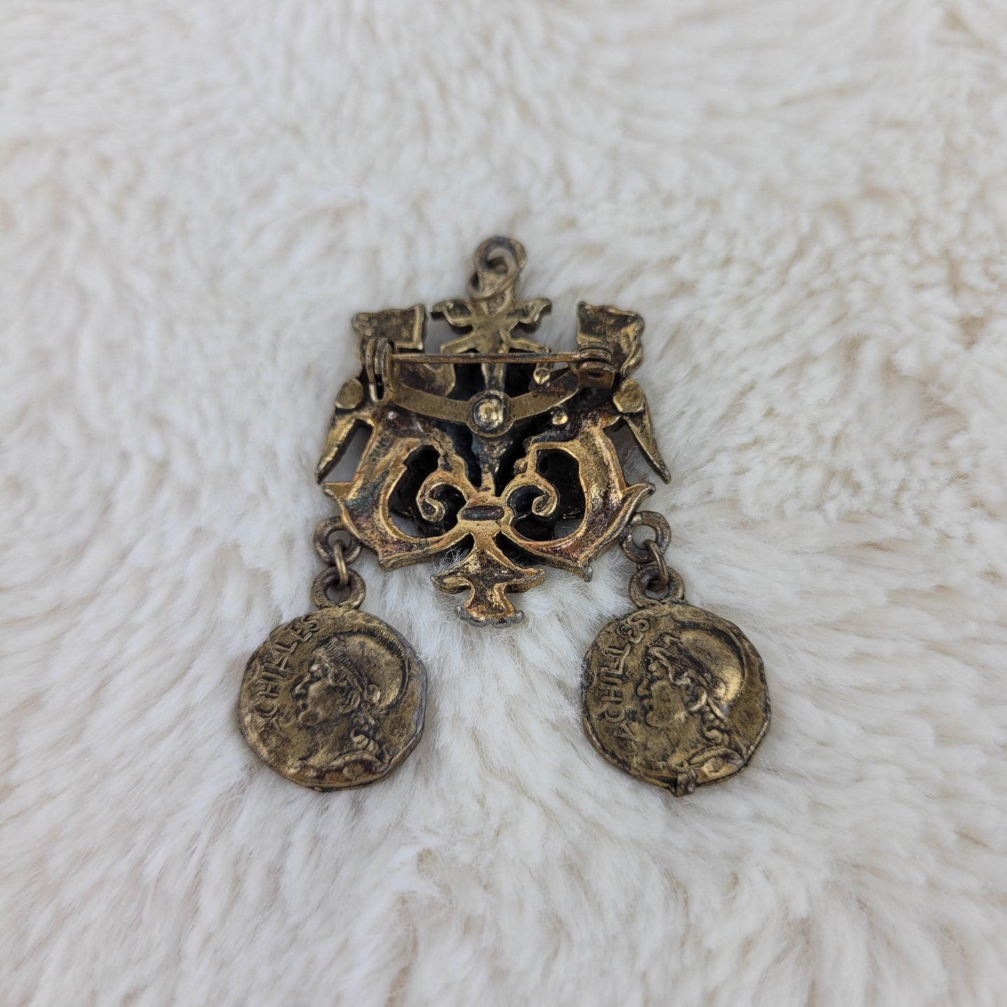 1930's Gold Tone Metal Fleur Delis Coin Pendant Pin