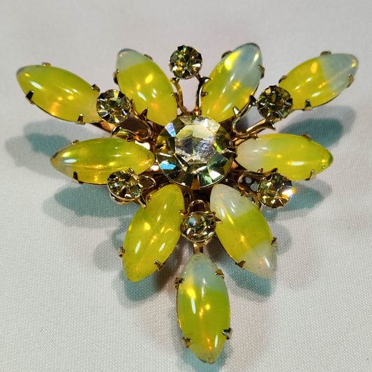 1950s Vintage Yellow Rhinestone and Moonstone Triangular Pin