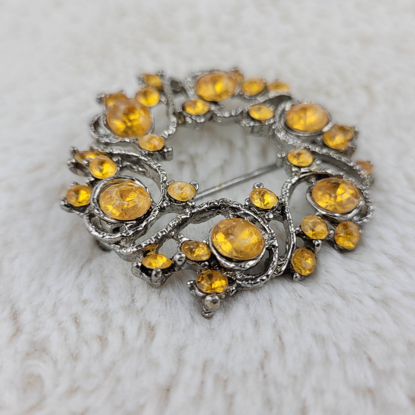 1970's Silver Tone Metal and Yellow Rhinestone Circular Pin