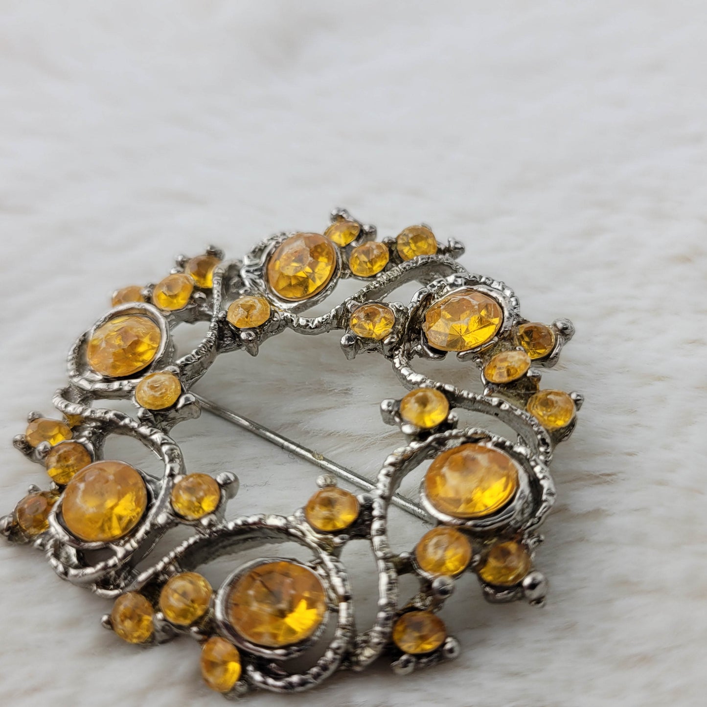 1970's Silver Tone Metal and Yellow Rhinestone Circular Pin