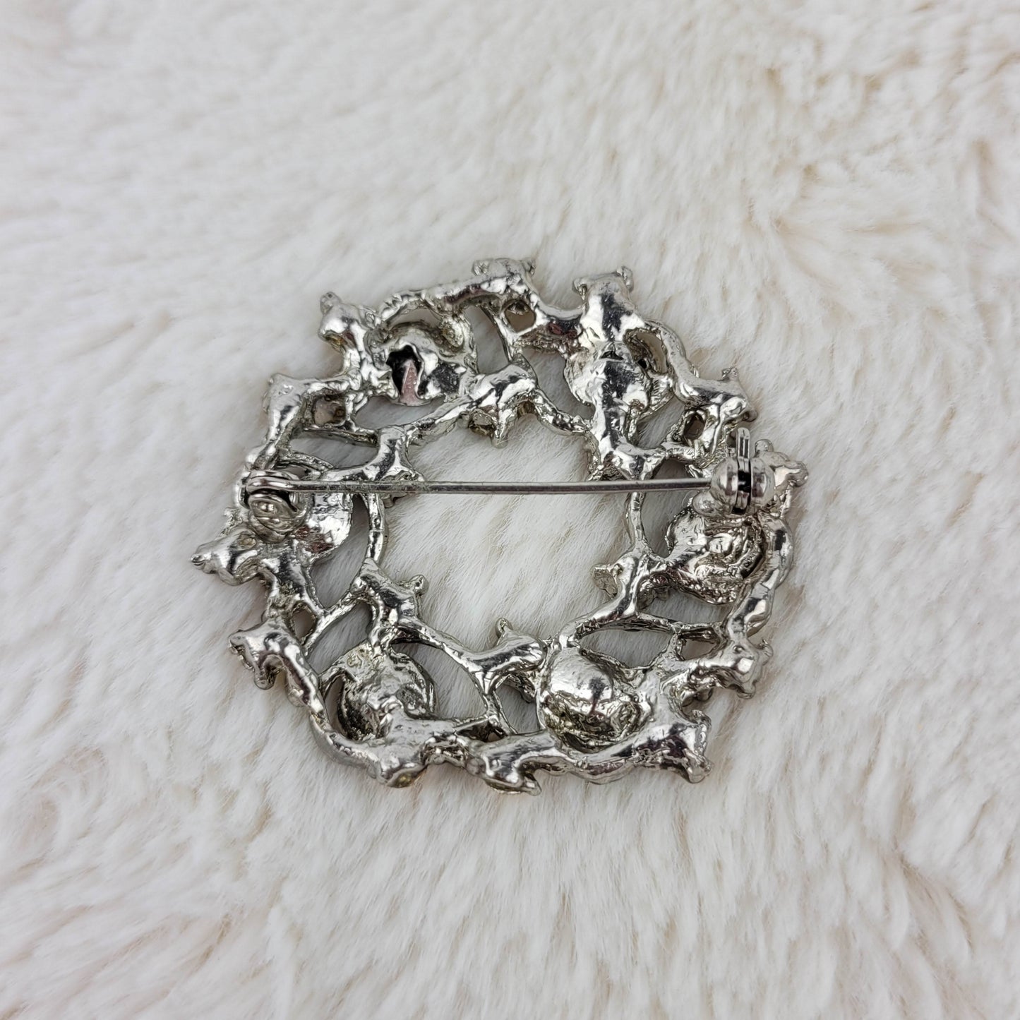 1970's Silver Tone Metal and Yellow Rhinestone Circular Pin