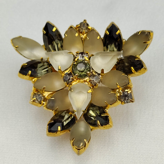 1950's Vintage Gray Rhinestone and White Moonstone Triangular Pin