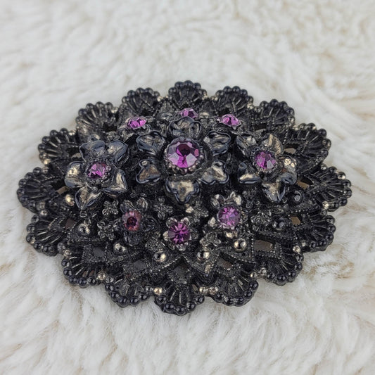 1930s Vintage Pin with Metal Filigree and Plum Rhinestones
