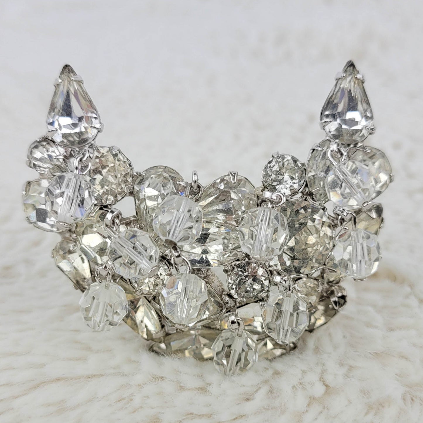 1950's Rhinestone and Glass Bead Crescent Cluster Pin by Kramer
