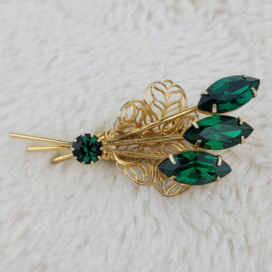 1960's Vintage Gold Tone Tone and Green Rhinestone Spray Pin