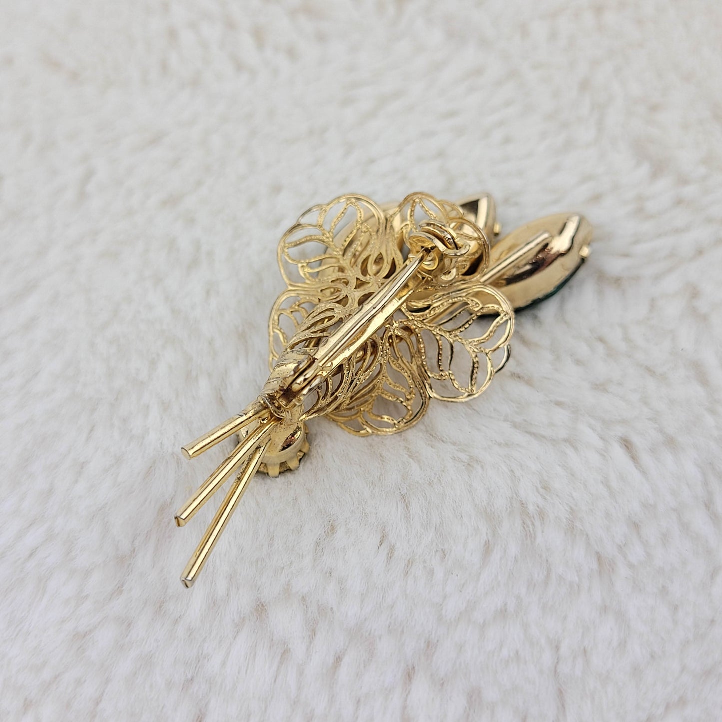 1960's Gold Tone Tone and Green Rhinestone Spray Pin