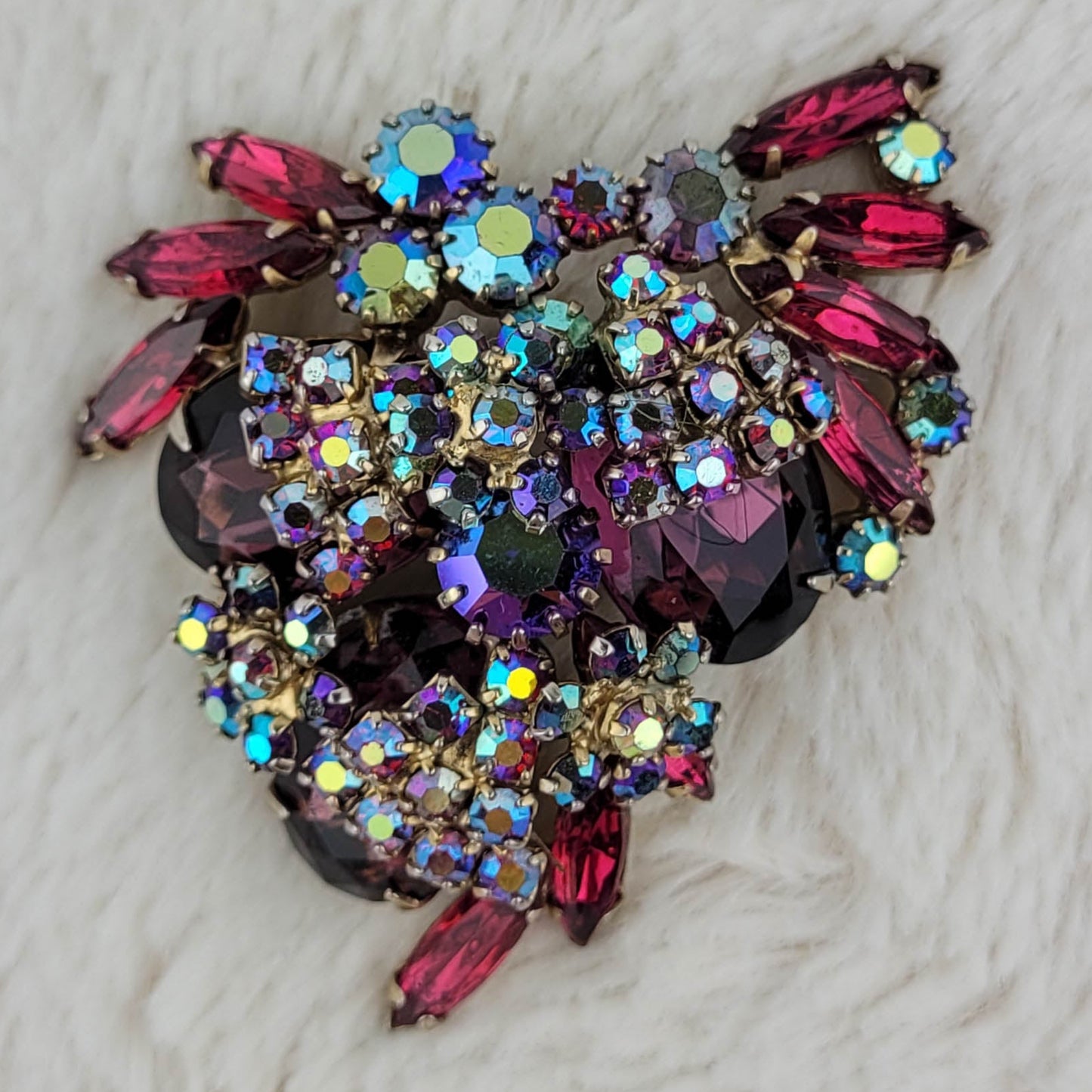 1950's Red Rhinestone and Aurora Borealis Cluster Pin