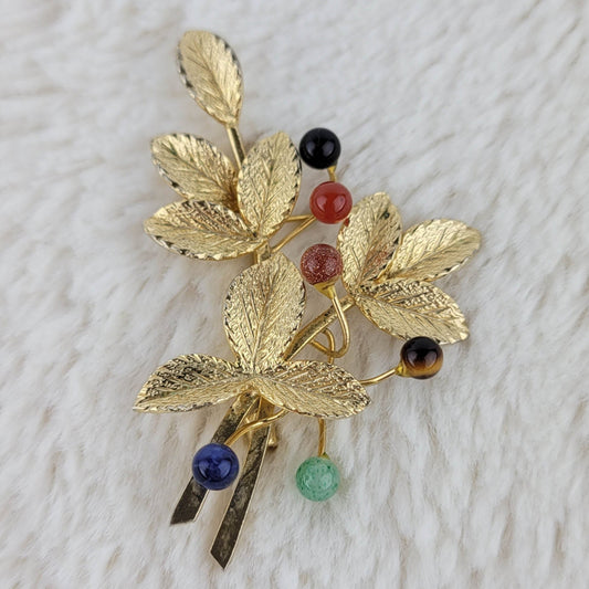 1970's Vintage Gold Tone Metal Tone Leaves Pin with Multi-colored Beads