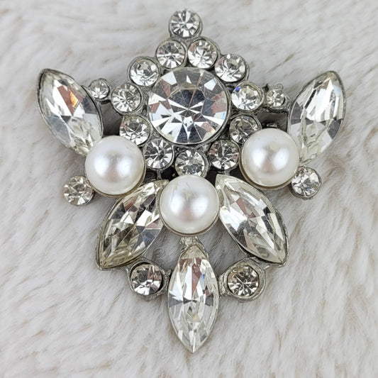 1950's Vintage Pearl Bead and Clear Rhinestone Pin