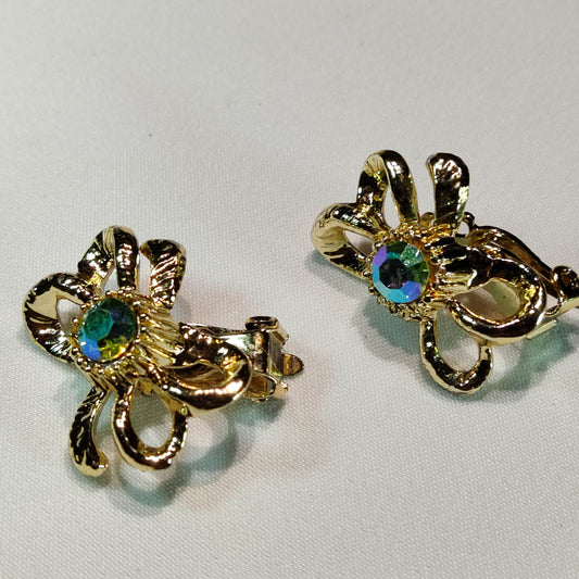 1960s Vintage Clip Earrings in a Bow Tie Design with Aurora Borealis Rhinestones