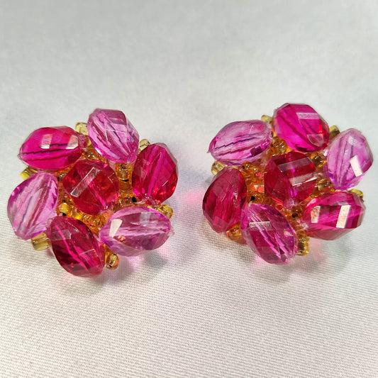 1950s Vintage Clip Earrings with Plum and Purple Glass Bead Wired Clusters from West Germany