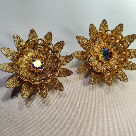 1960's Vintage Gold Tone Filigree Flower Clip Earrings with an Aurora Borealis Center