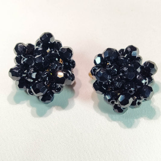 1950's Vintage Black Glass Bead Cluster Clip Earrings from West Germany