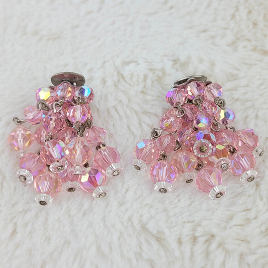 1950s Vintage Pink Borealis Loose Cluster Clip Earrings by Laguna