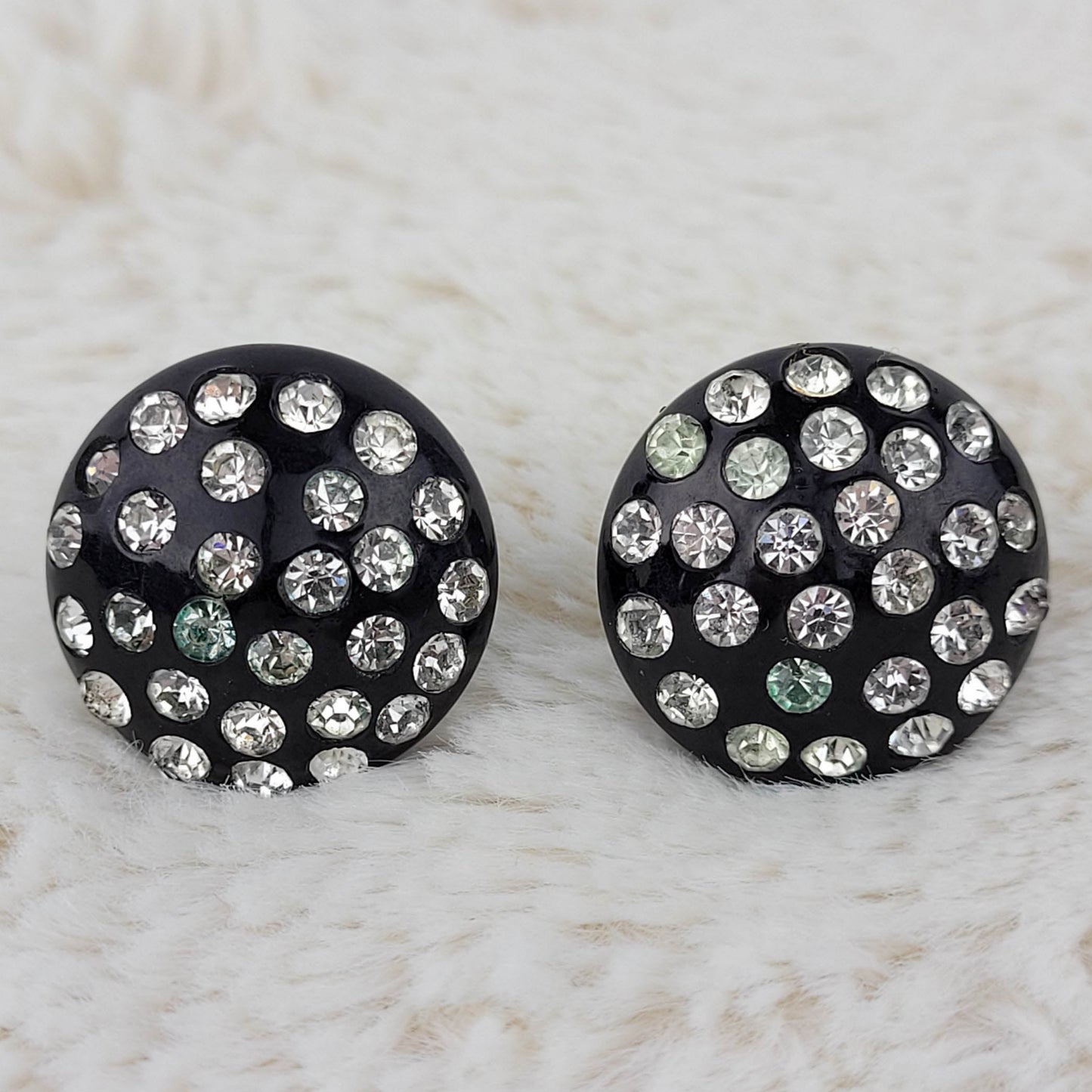 1940's Black Circle Dome Rhinestone Screwback Earrings