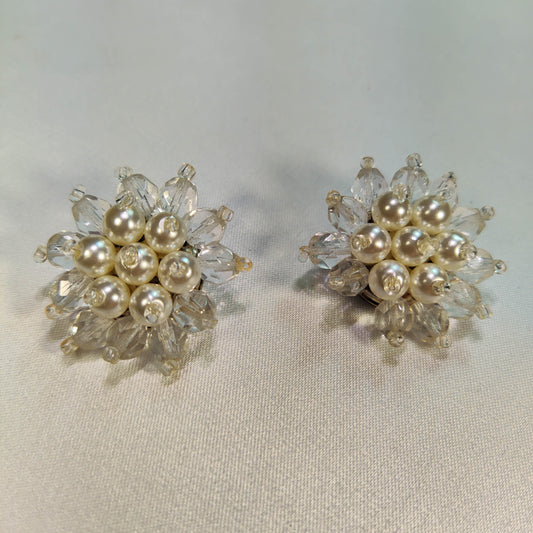1950's Vintage Pearl Bead and Clear Bead Cluster Clip Earrings
