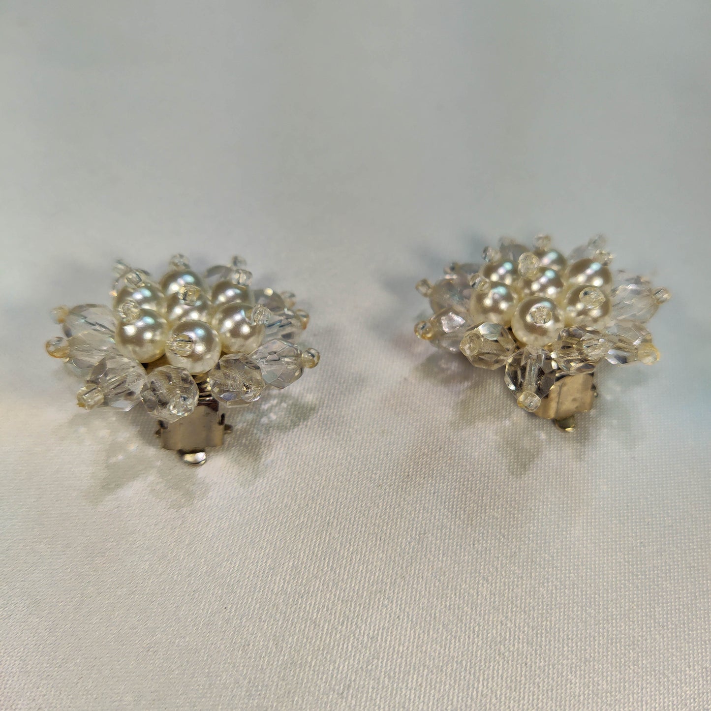 1950's Pearl Bead and Clear Bead Cluster Clip Earrings