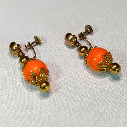 1960's Vintage Orange Bead Dangle Screwback Earrings