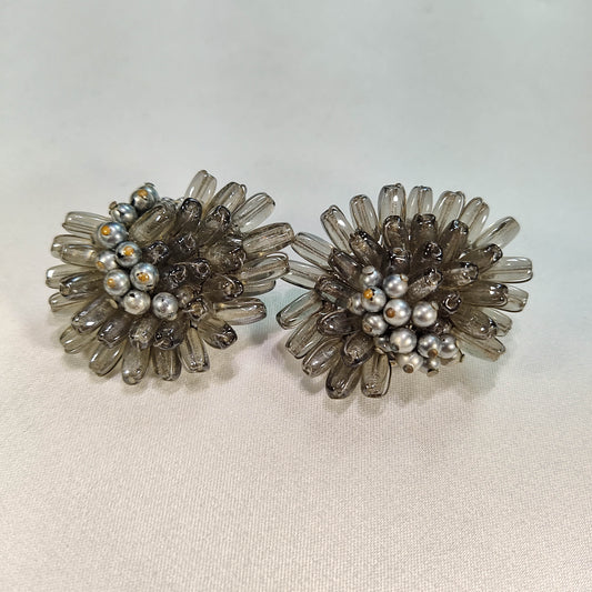 1950's Vintage Gray, Clear and Black Bead Cluster Clip Earrings