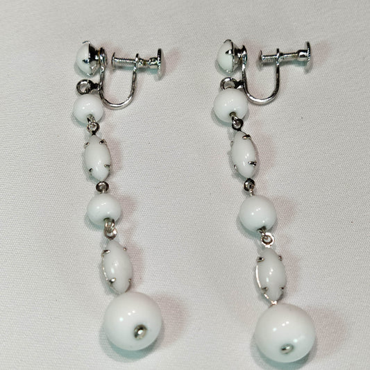 1950's Vintage White Bead Dangle Screwback Earrings