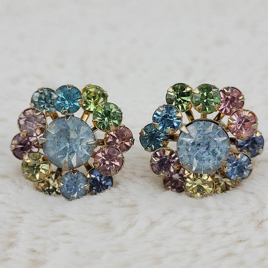 1950's Vintage Pastel Rhinestone Screwback Earrings
