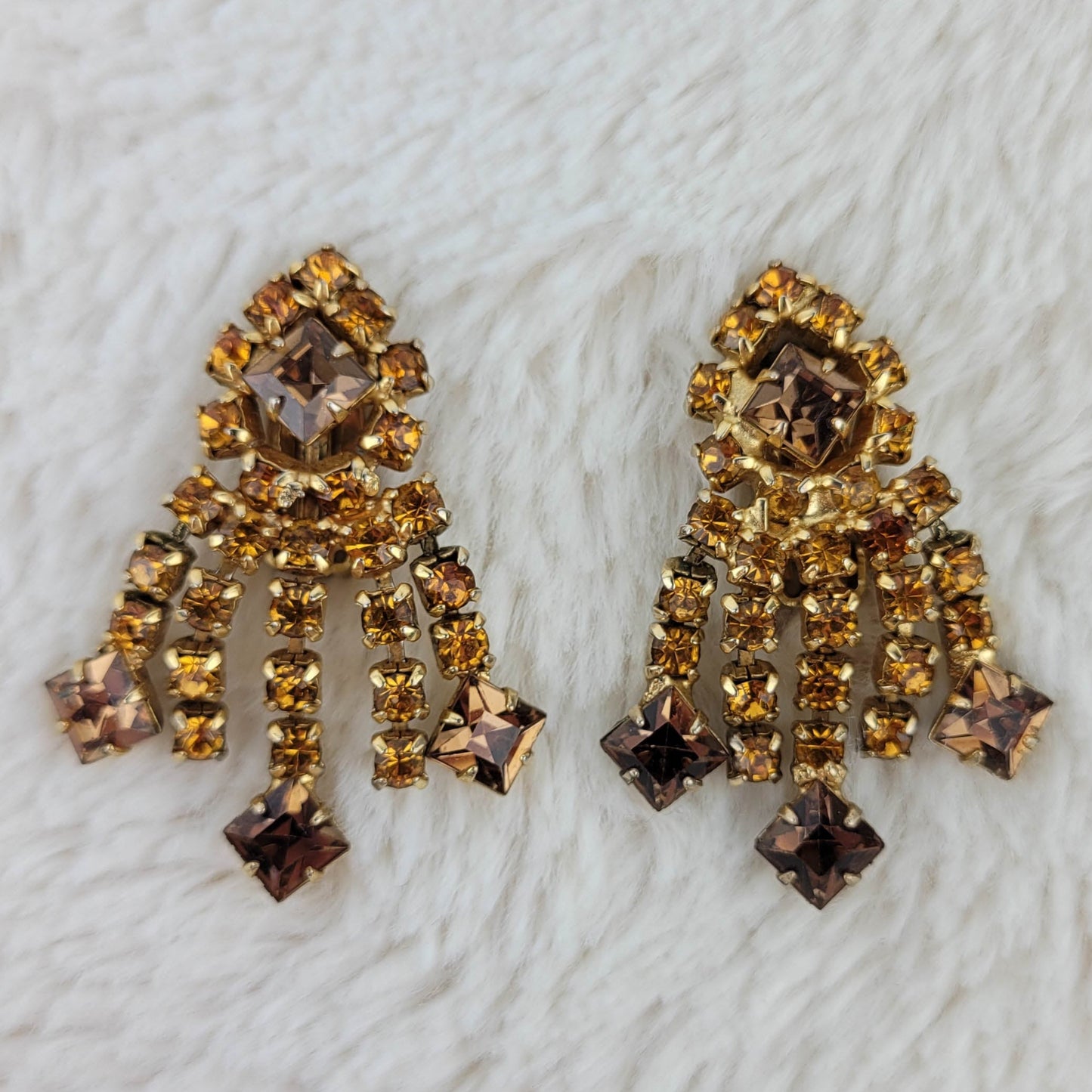 1950's Amber and Brown Rhinestone Dangle Clip Earrings by Gale