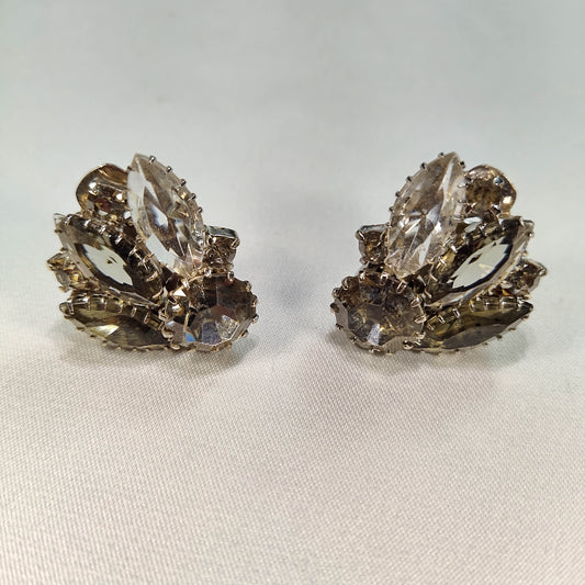 1950's Vintage Smokey Gray Rhinestone Short Spray Clip Earrings