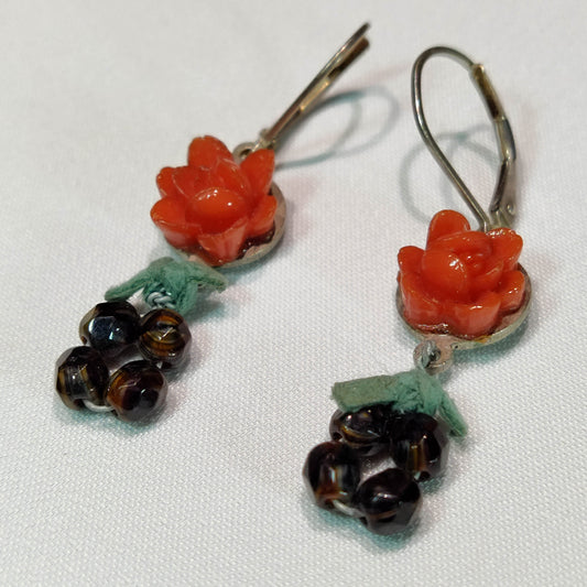 1930s Vintage Orange Bakelite Flower Dangle Hook Earrings