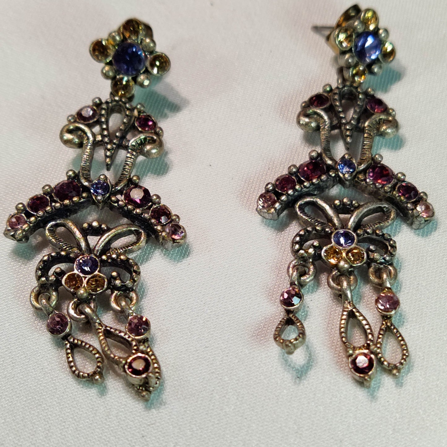 1970's Plumb Rhinestone Dangle Pierced Earrings