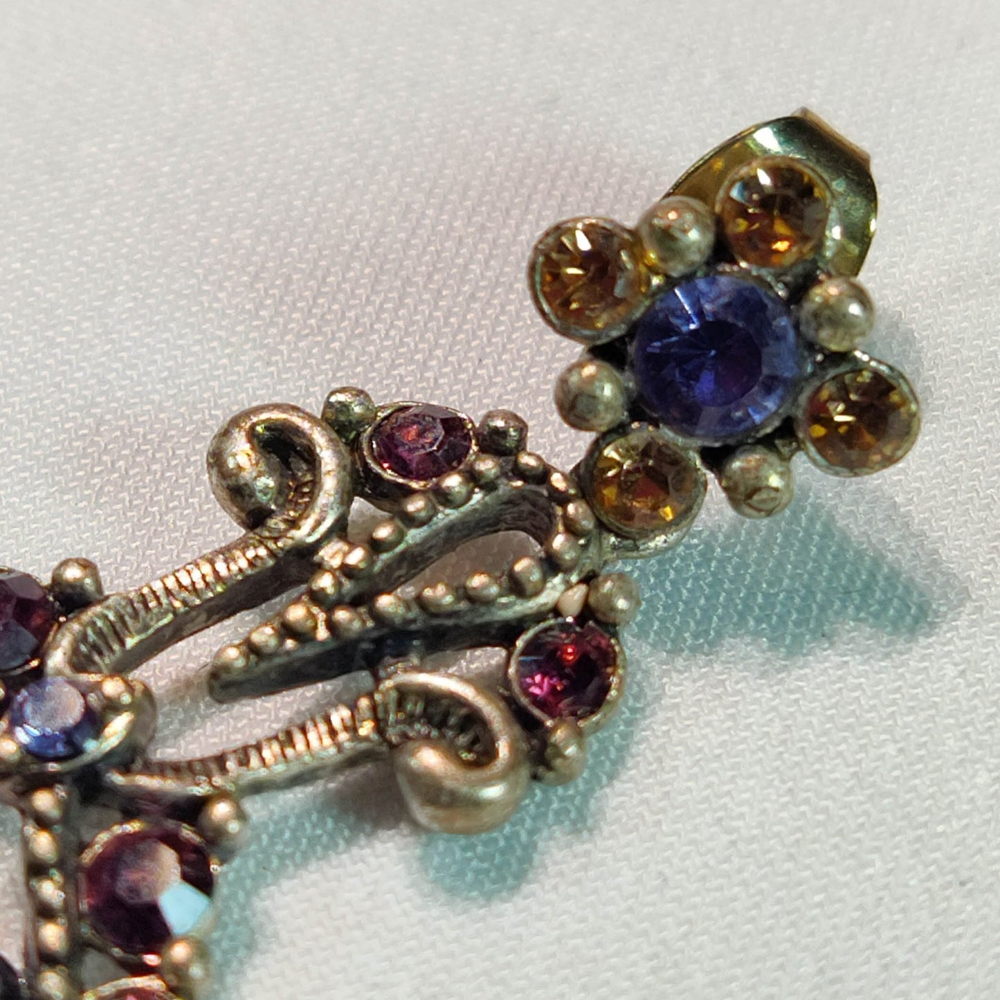1970's Plumb Rhinestone Dangle Pierced Earrings