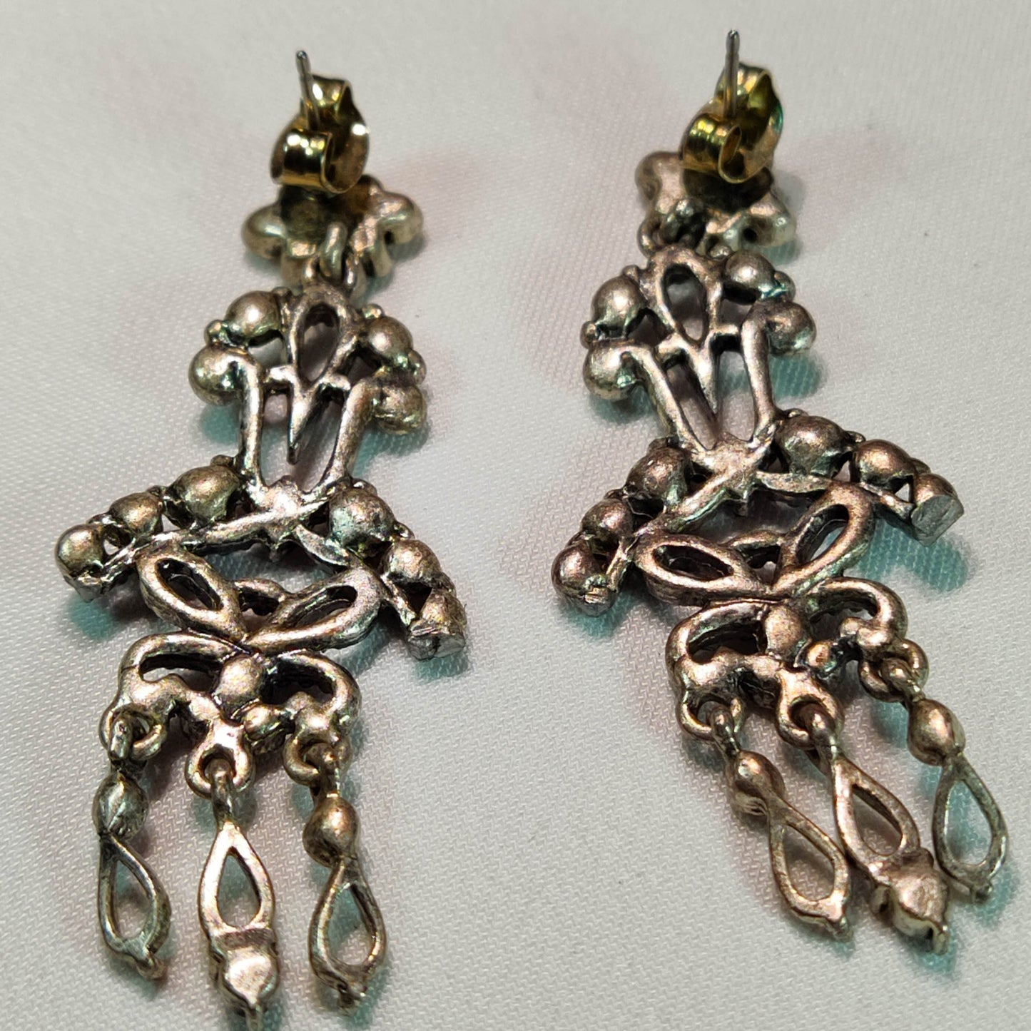 1970's Plumb Rhinestone Dangle Pierced Earrings