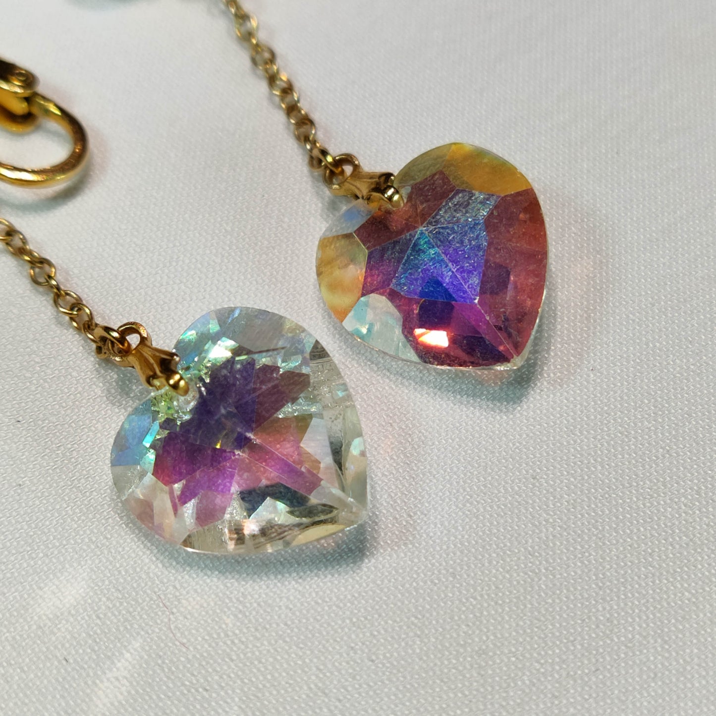 1950's Aurora Borealis Crystal Heart Dangle Clip Earrings