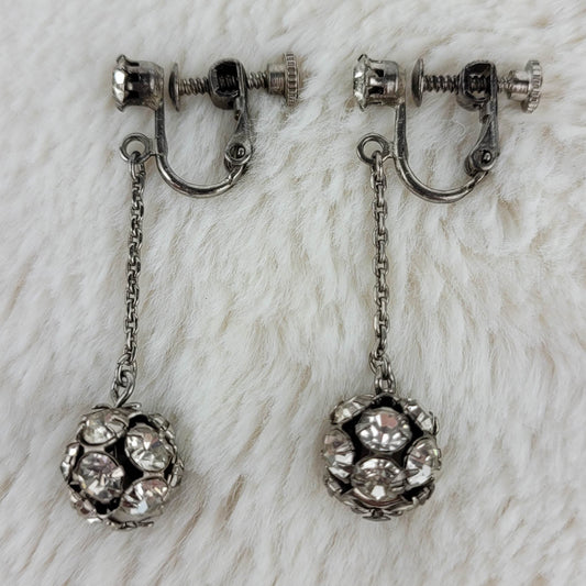 1940s Vintage Clear Rhinestone Ball Dangle Screwback Earrings