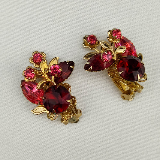 1950's Vintage Pink and Red Rhinestone Spray Clip Earrings