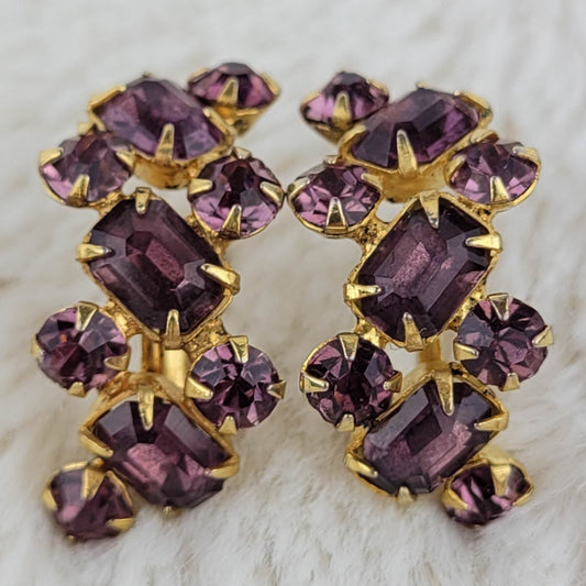 1940s Vintage Screw Back Earrings with Plum Rhinestones