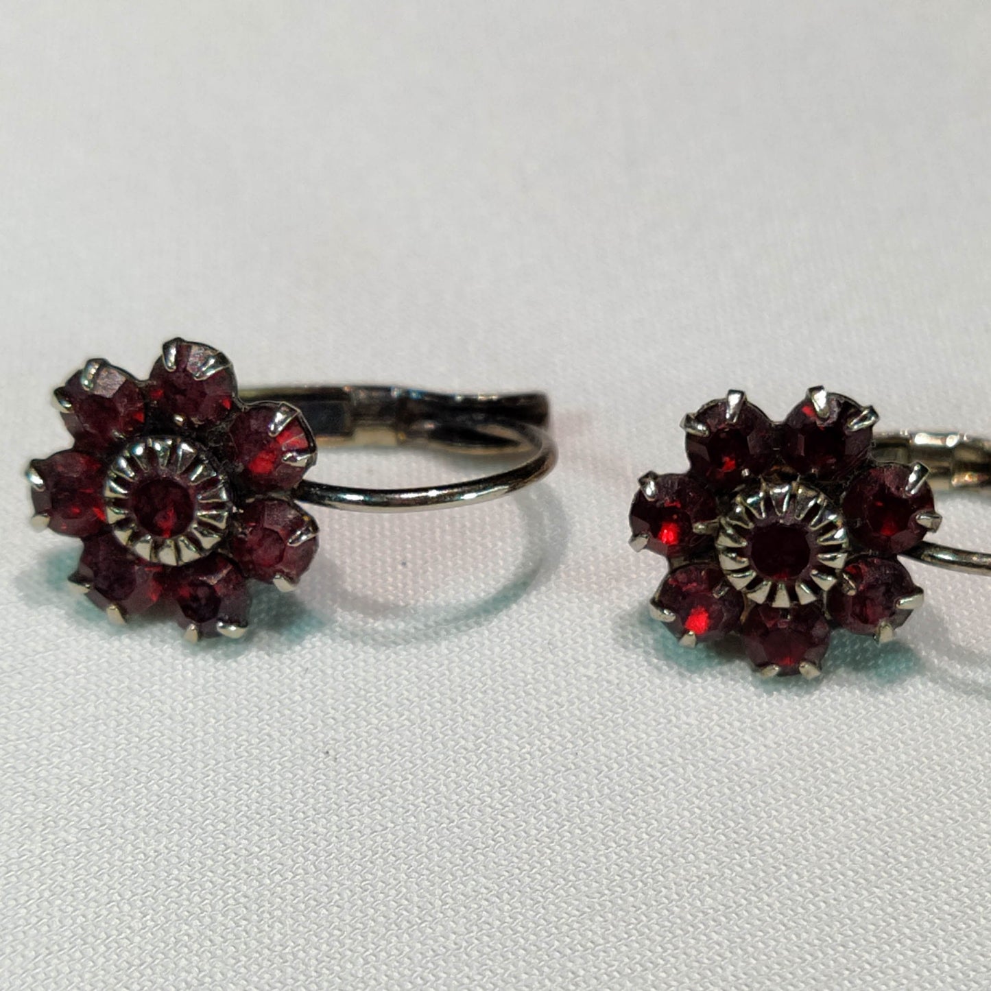 1960's Small Red Rhinestone Flower Hook Earrings
