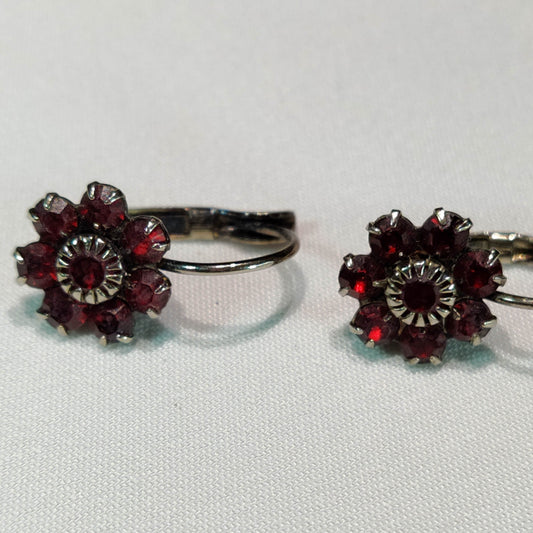 1960's Vintage Small Red Rhinestone Flower Hook Earrings