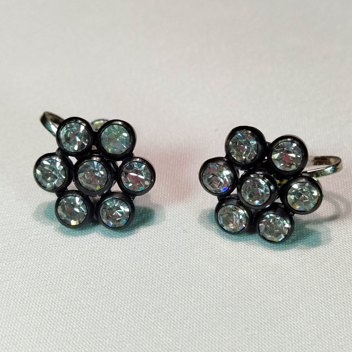 1940's Black Metal Clear Rhinestone Flower Screwback Earrings