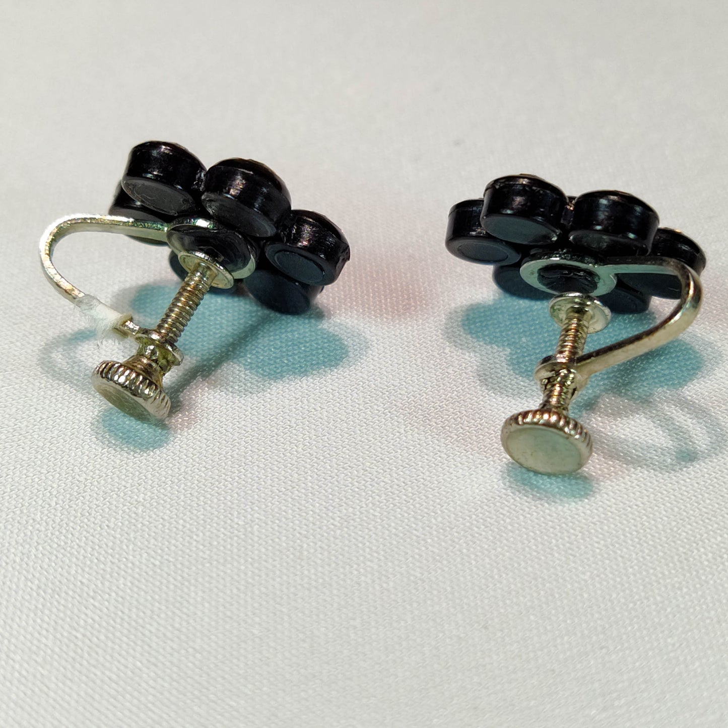 1940's Black Metal Clear Rhinestone Flower Screwback Earrings