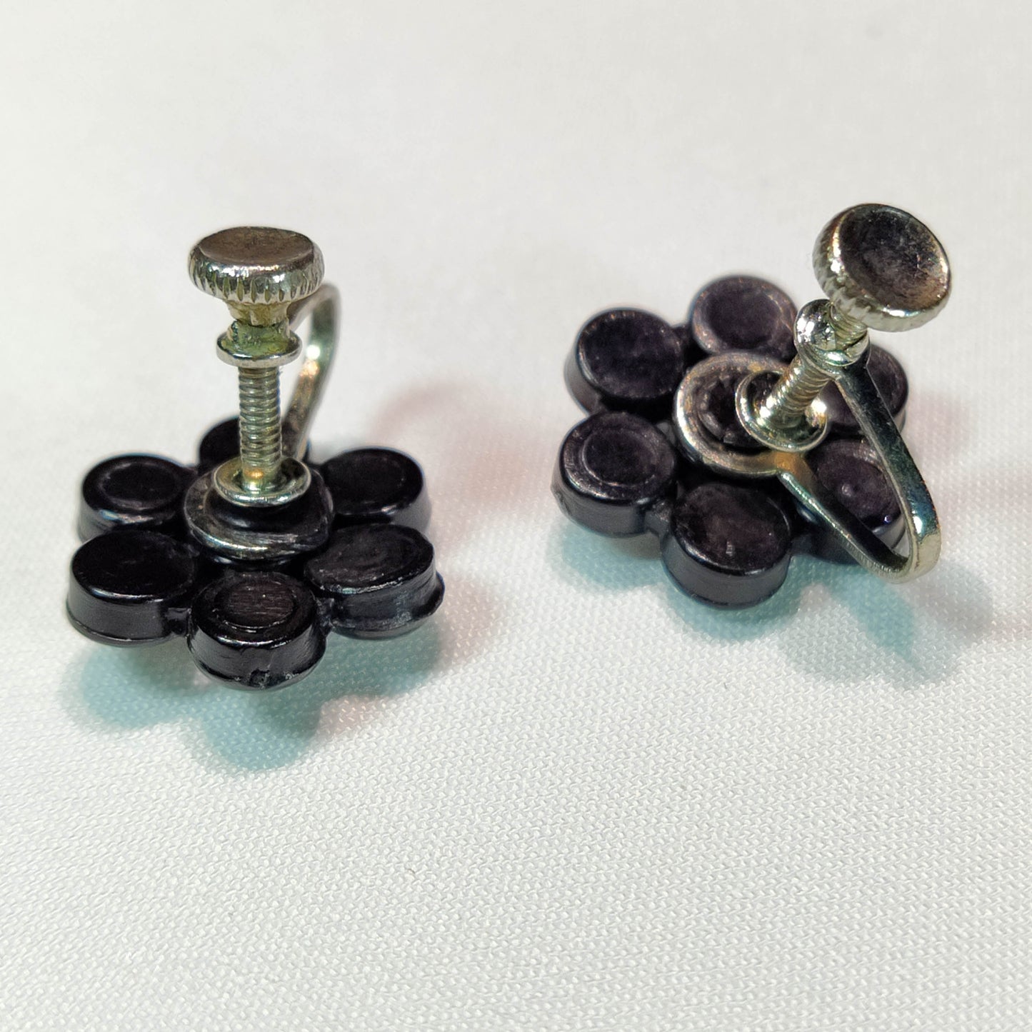 1940's Black Metal Clear Rhinestone Flower Screwback Earrings